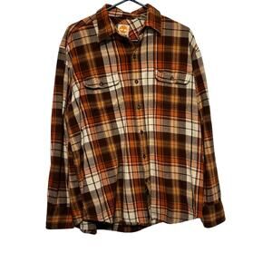 Timberland Mens Shirt Large Brown Orange Flannel Hiking Camp Button Up Western